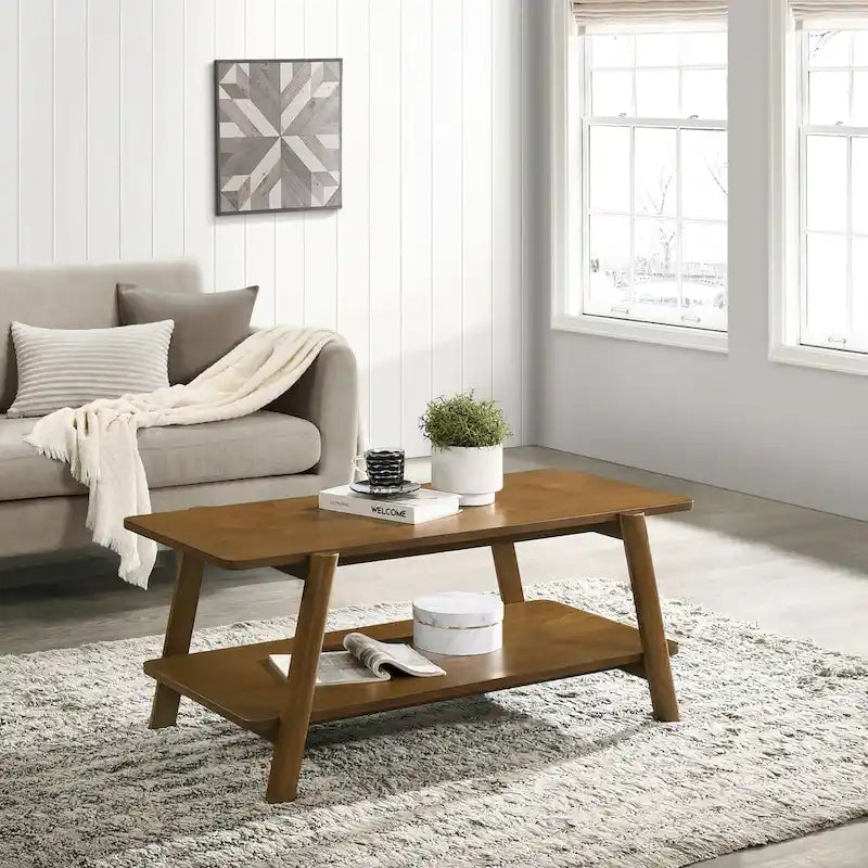 Walnut 3-Piece Mid-Century Modern Coffee & End Table Set with Storage Shelf