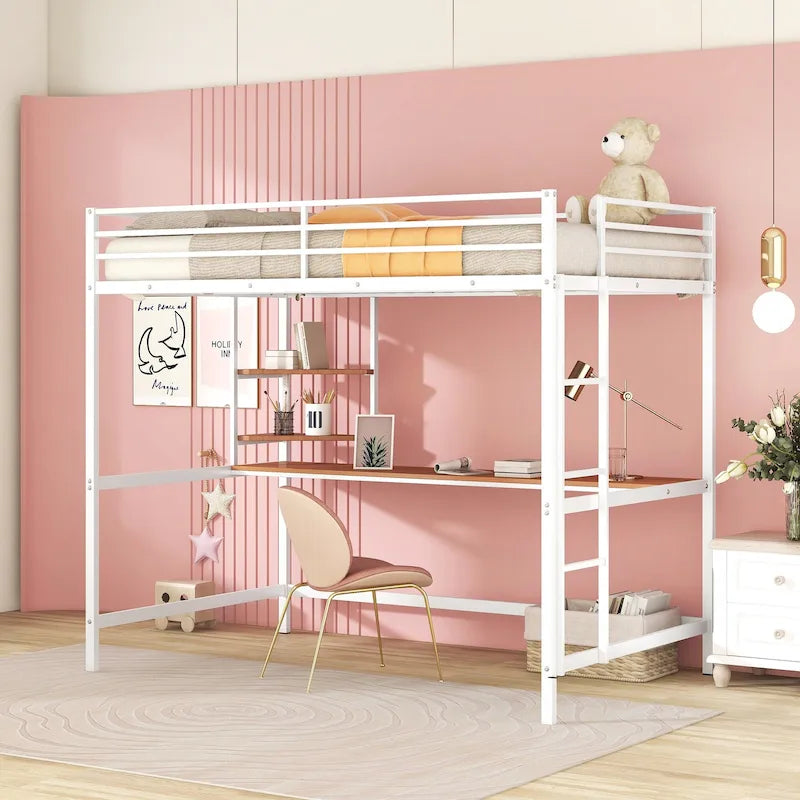 White Full Size Metal Loft Bed with Desk, Ladder, and Shelf for Kids
