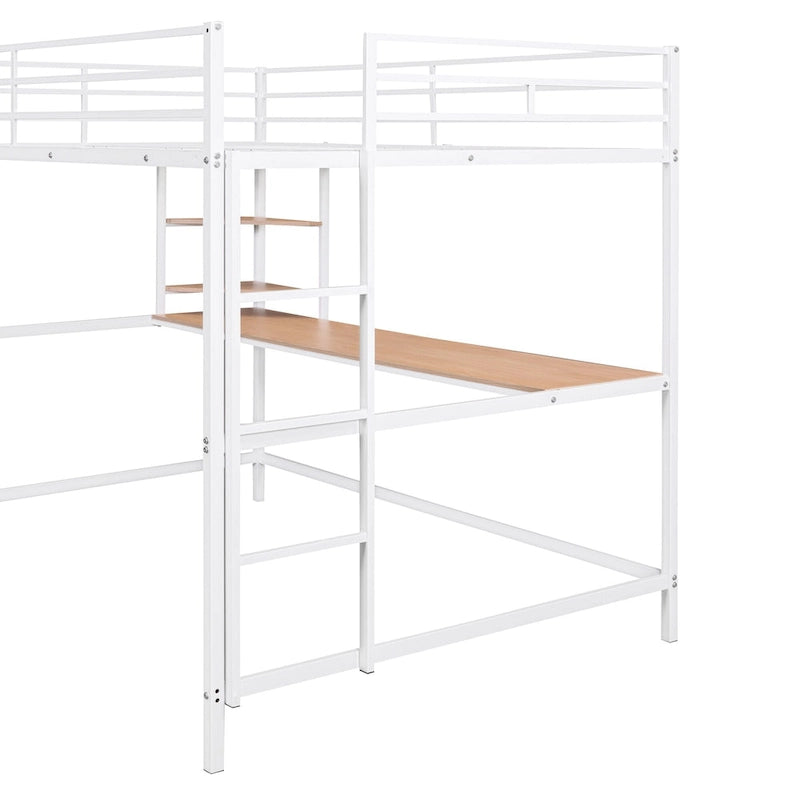 White Full Size Metal Loft Bed with Desk, Ladder, and Shelf for Kids