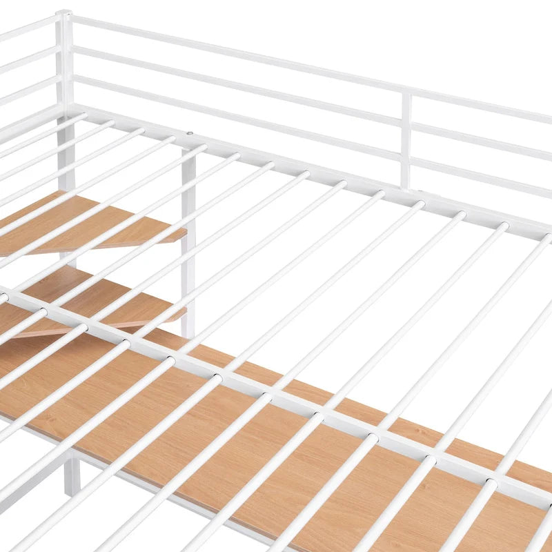 White Full Size Metal Loft Bed with Desk, Ladder, and Shelf for Kids