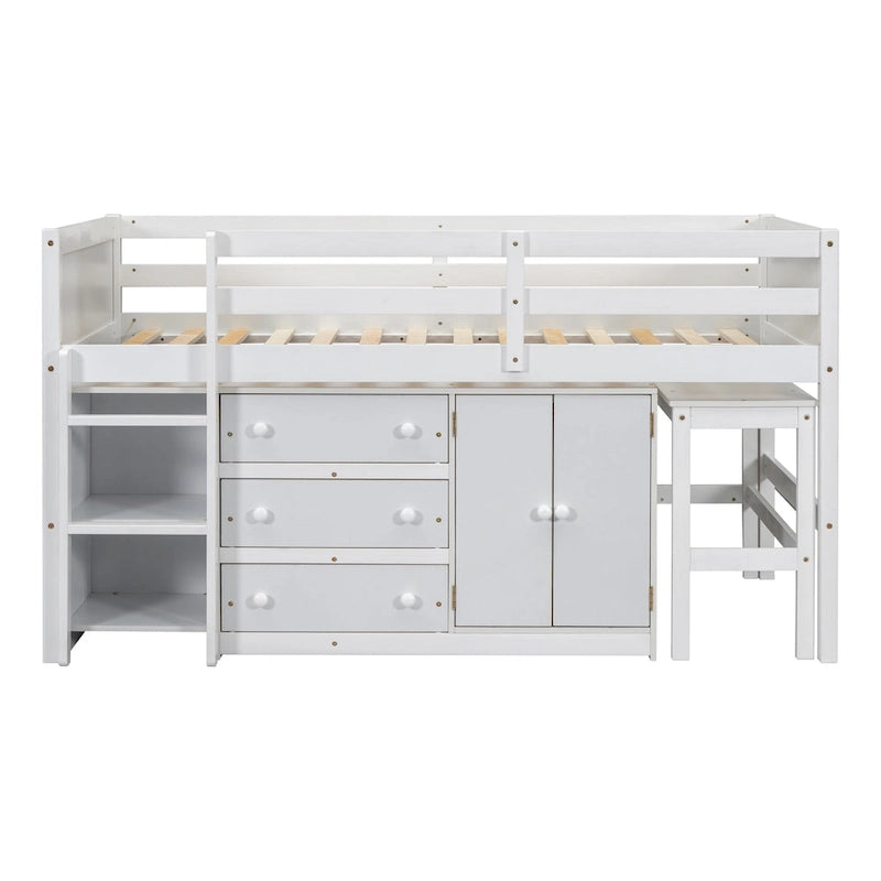 White Twin Wood Low Loft Bed with Pull-Out Desk & Drawers
