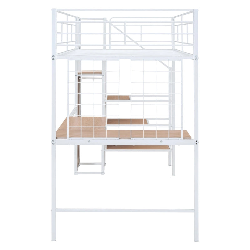 White Modern Twin Metal Loft Bed with Storage