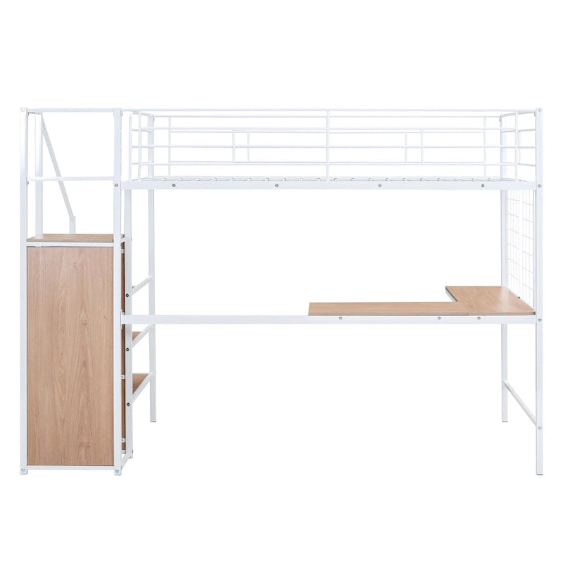 White Modern Twin Metal Loft Bed with Storage