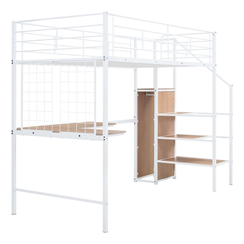 White Modern Twin Metal Loft Bed with Storage