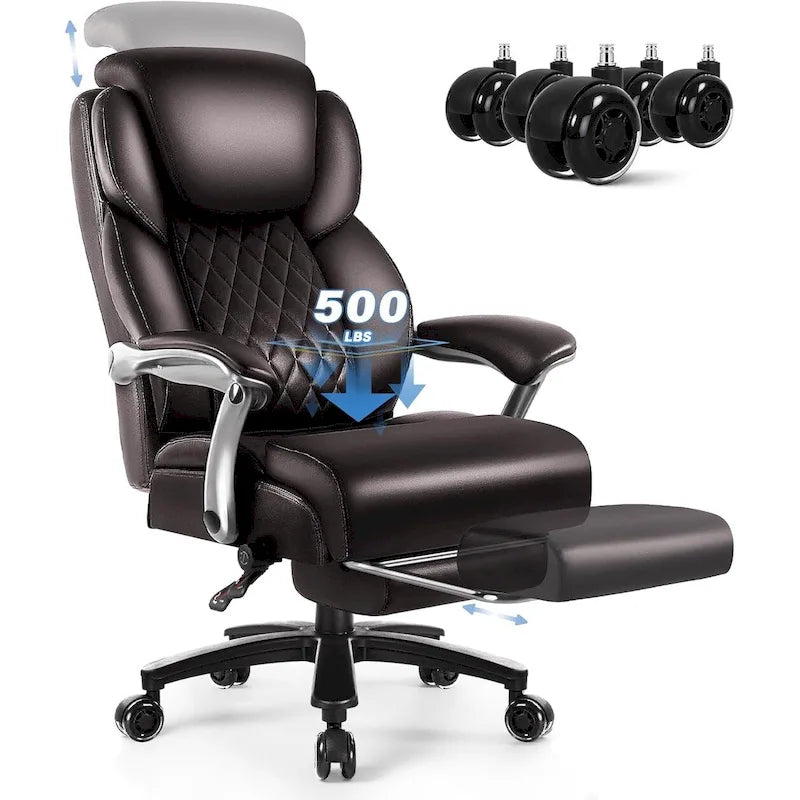 Brown/Black Leather Office Chair with Lift Headrest & Footrest, Single, 500lb Capacity