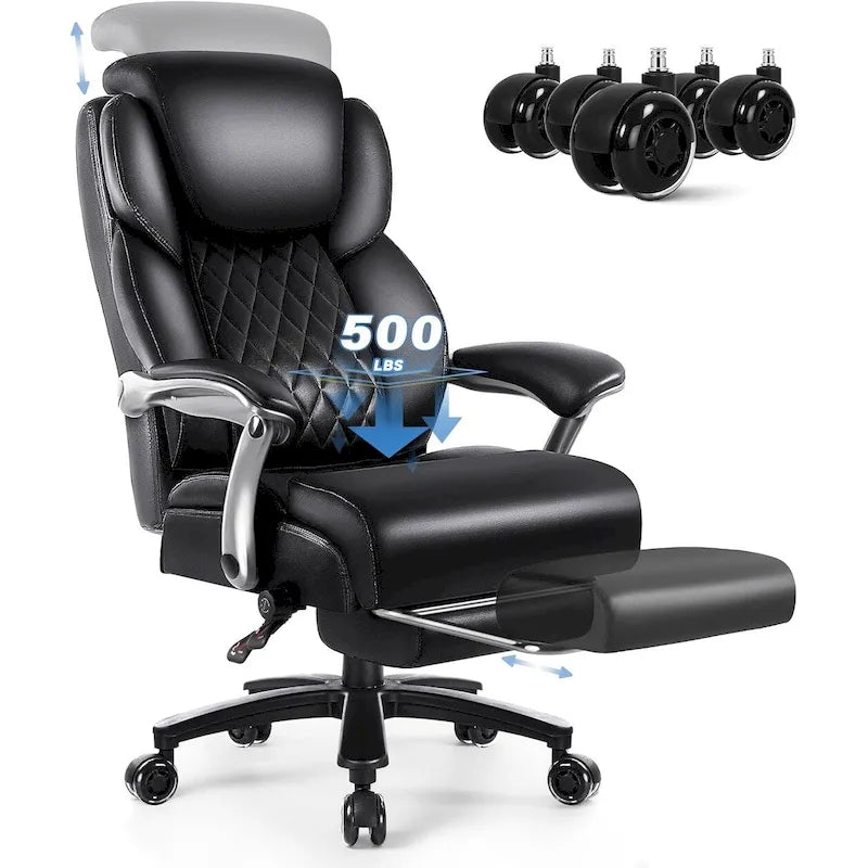 Brown/Black Leather Office Chair with Lift Headrest & Footrest, Single, 500lb Capacity