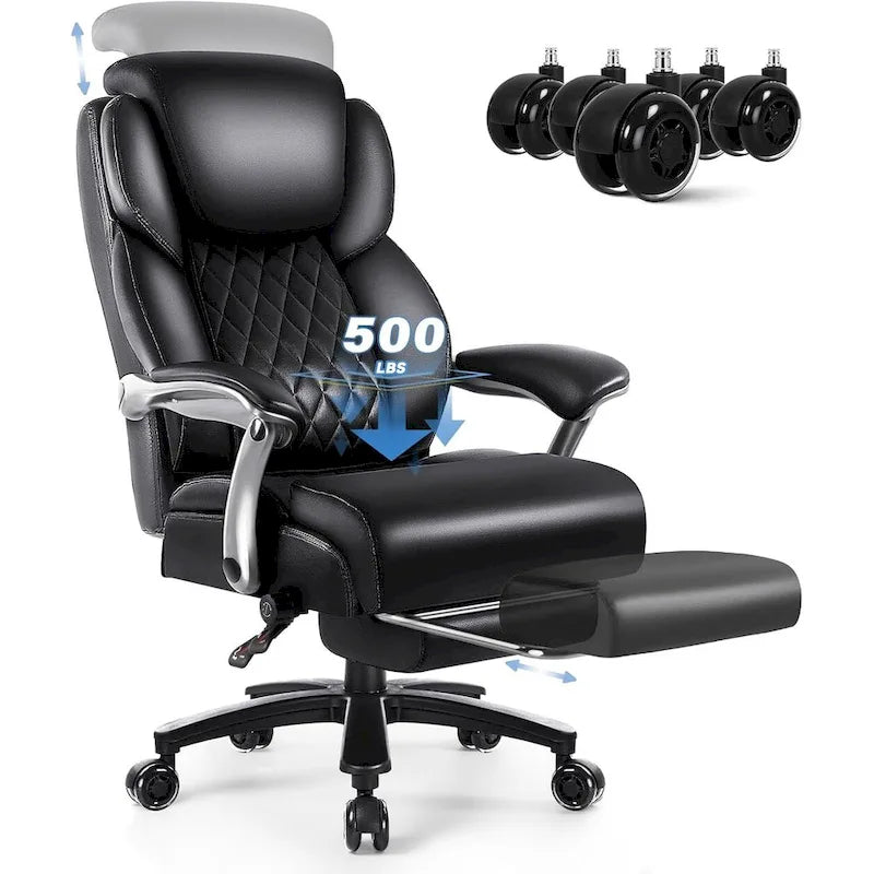  Lift-Headrest Big and Tall Office Chair 500lb - Heavy-Duty Leather with Retractable Footrest & Lumbar Support