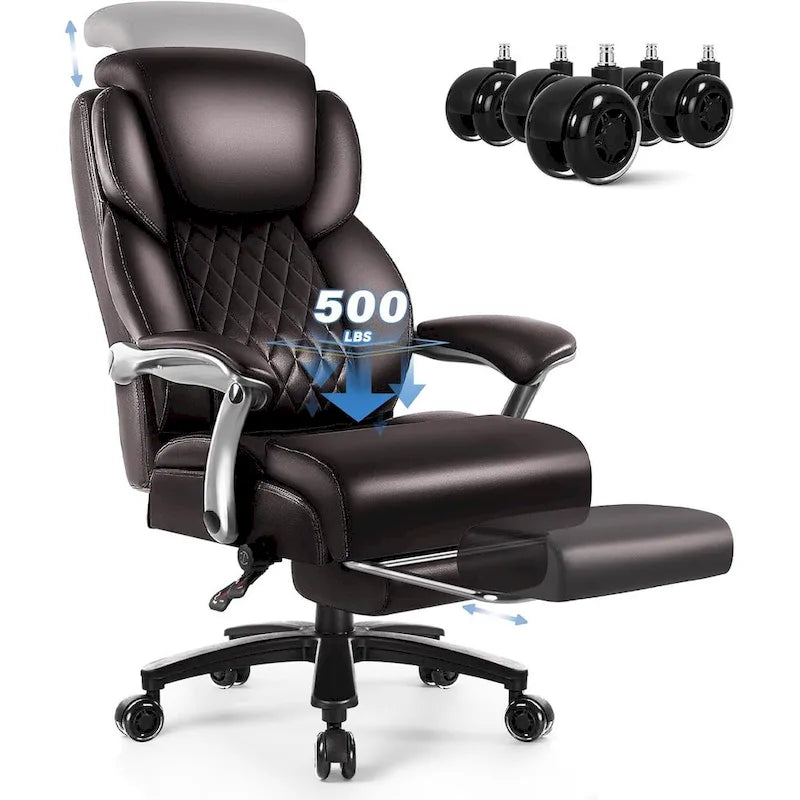 Brown/Black Leather Office Chair with Lift Headrest & Footrest, Single, 500lb Capacity