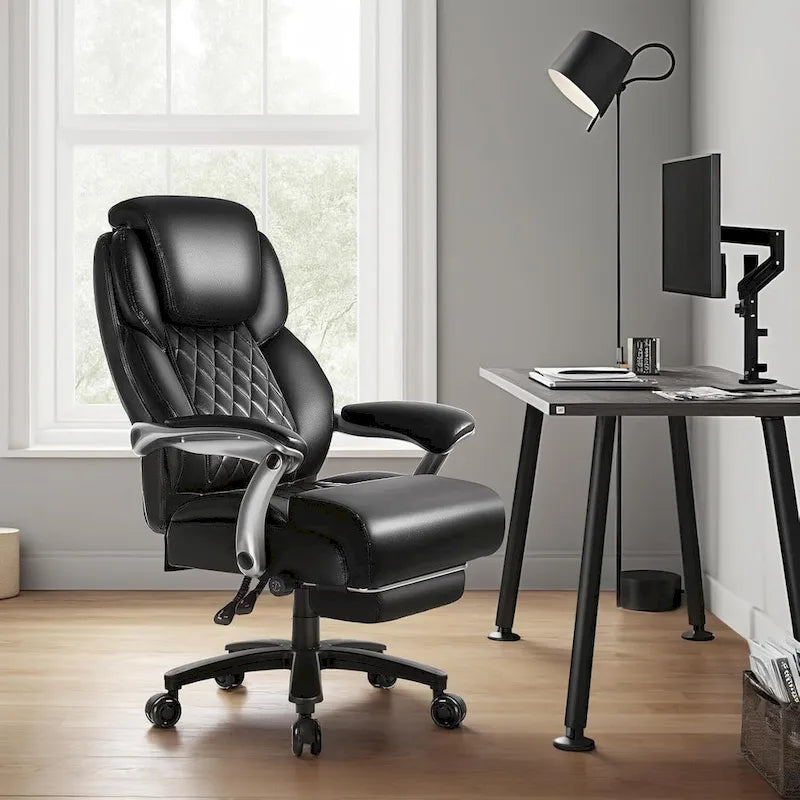 Brown/Black Leather Office Chair with Lift Headrest & Footrest, Single, 500lb Capacity