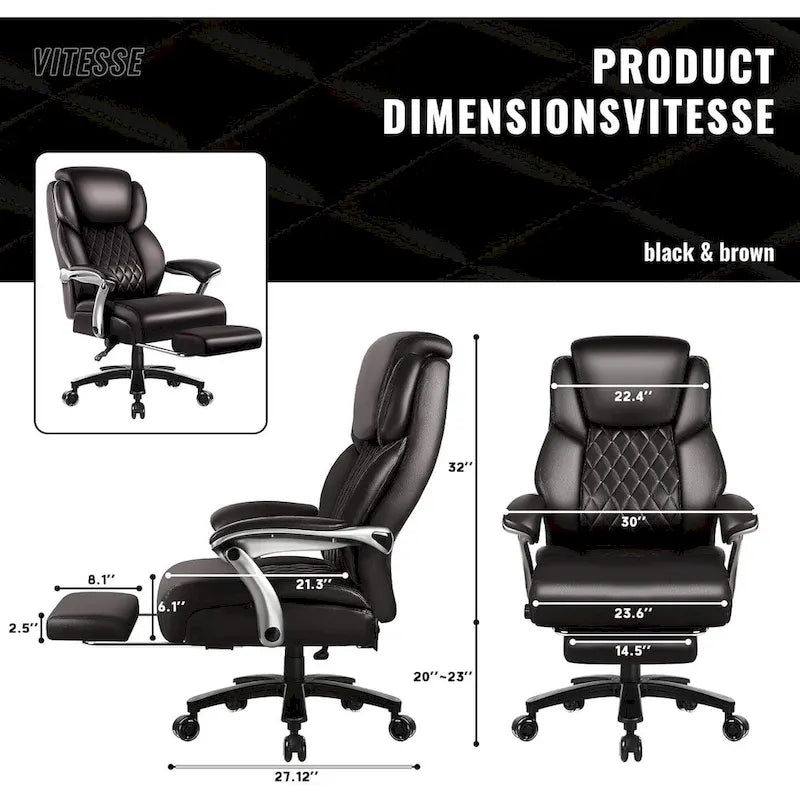 Brown/Black Leather Office Chair with Lift Headrest & Footrest, Single, 500lb Capacity