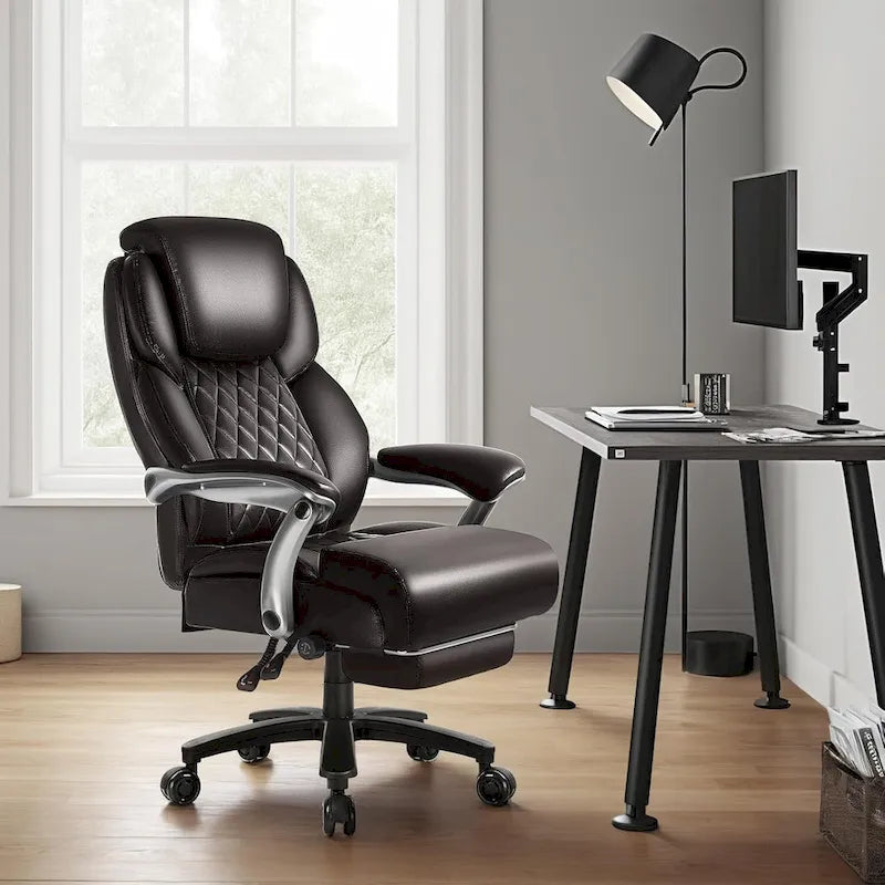 Brown/Black Leather Office Chair with Lift Headrest & Footrest, Single, 500lb Capacity
