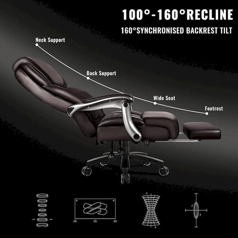 Brown/Black Leather Office Chair with Lift Headrest & Footrest, Single, 500lb Capacity