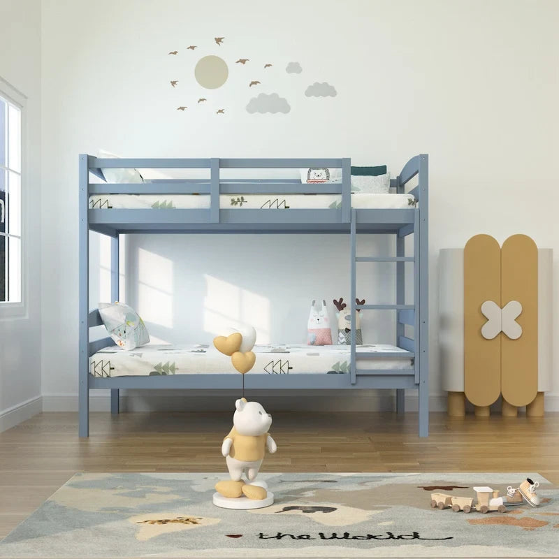 Gray Solid Wood Twin Over Twin Bunk Bed with Ladder, Sleeps 2