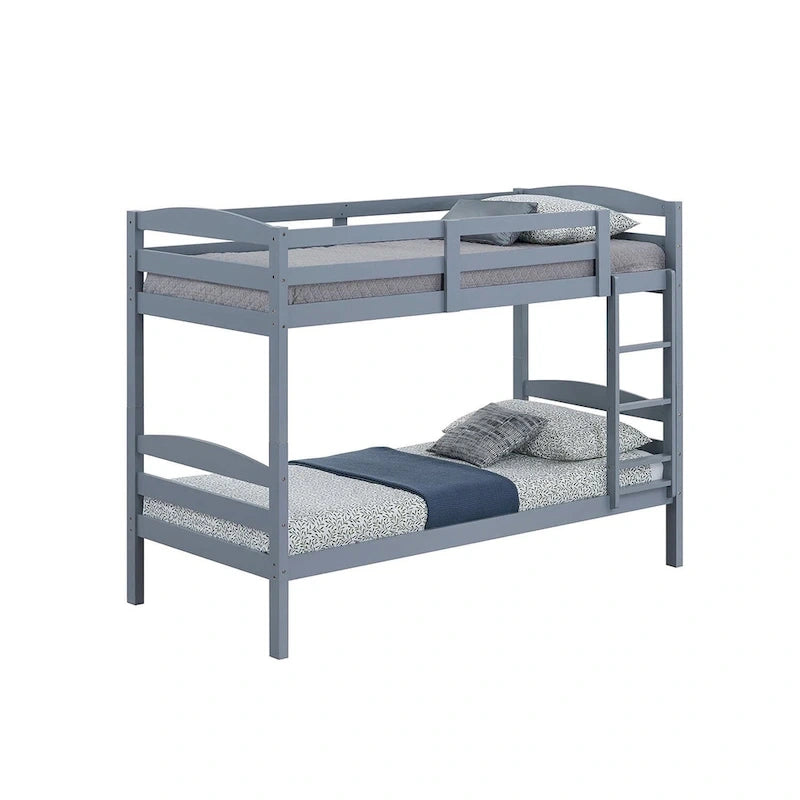 Modern Gray Solid Wood Twin Over Twin Bunk Bed with Ladder