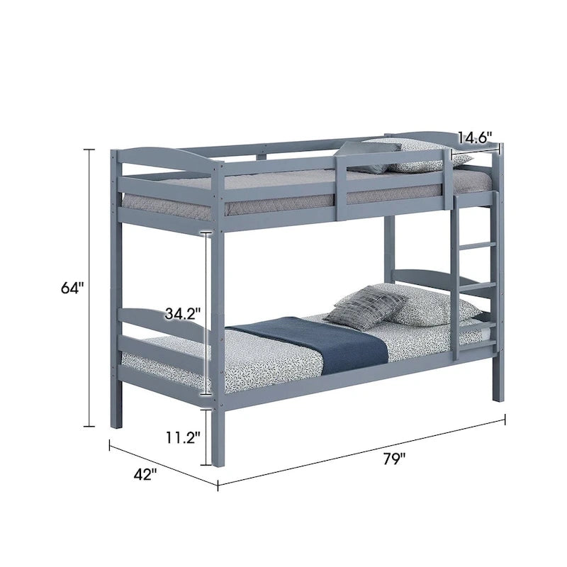 Gray Solid Wood Twin Over Twin Bunk Bed with Ladder, Sleeps 2