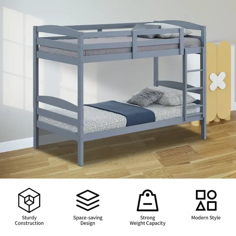 Modern Gray Solid Wood Twin Over Twin Bunk Bed with Ladder