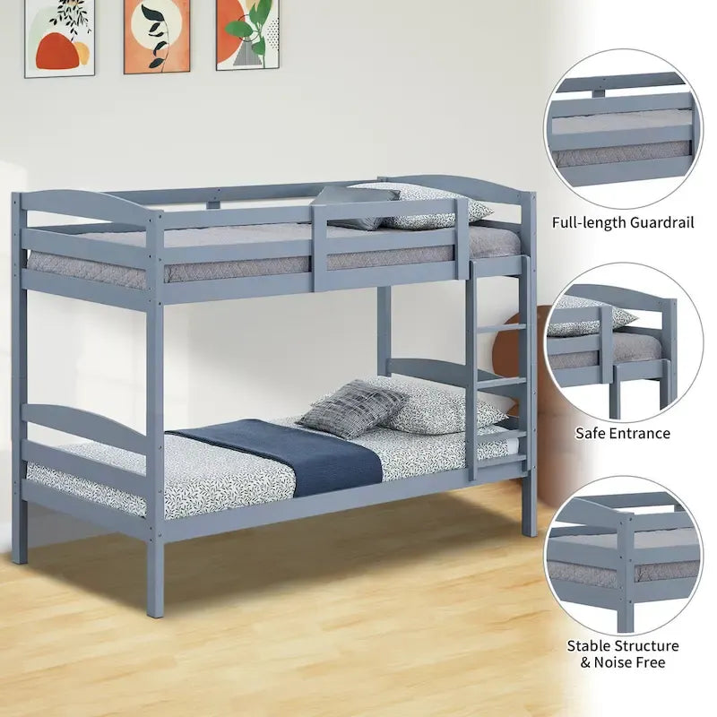Gray Solid Wood Twin Over Twin Bunk Bed with Ladder, Sleeps 2