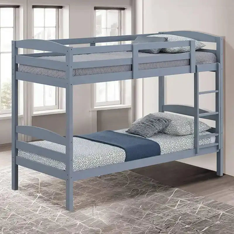 Gray Solid Wood Twin Over Twin Bunk Bed with Ladder, Sleeps 2