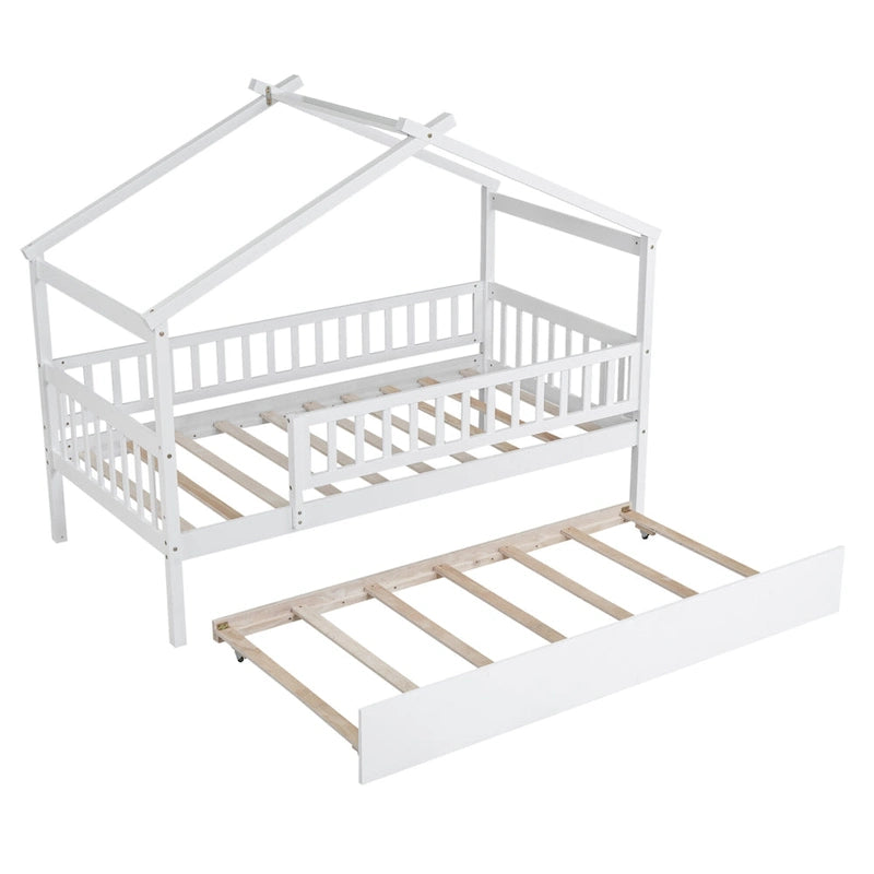 Wooden House Bed with Twin Size Trundle