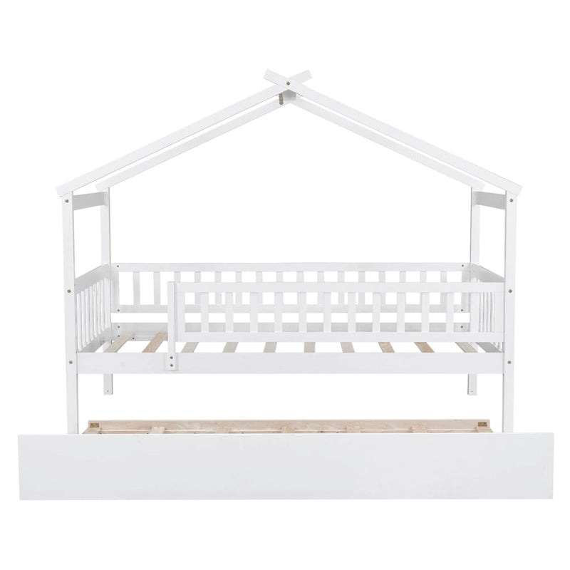 Wooden House Bed with Twin Size Trundle