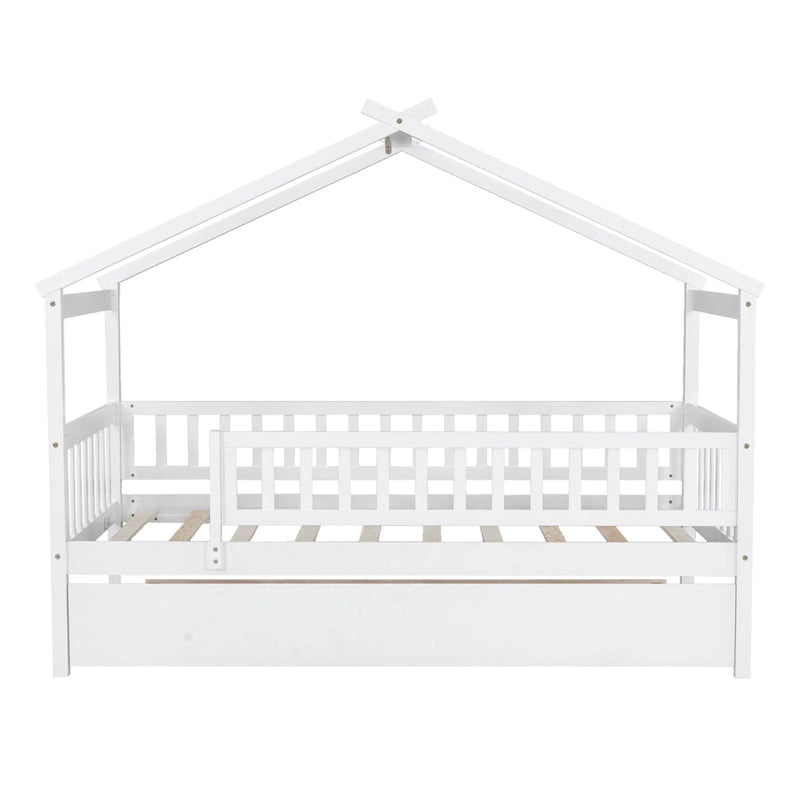 Wooden House Bed with Twin Size Trundle