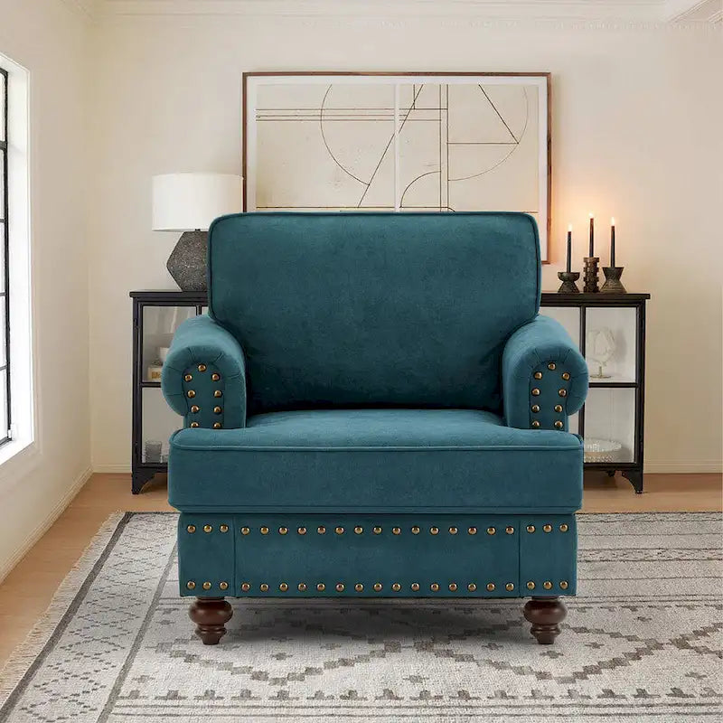 Lake Green Chenille Accent Chair, Nailhead Trim, Single Seat