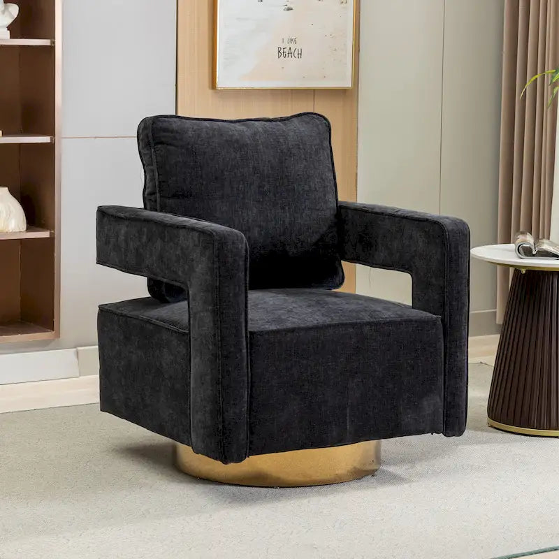 Swivel Open-Back Barrel Accent Chair with Pillow, Single Seat – Navy / Beige / Green / Grey / Mustard / Black