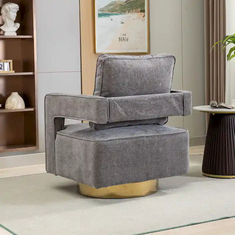 Swivel Open-Back Barrel Accent Chair with Pillow, Single Seat – Navy / Beige / Green / Grey / Mustard / Black