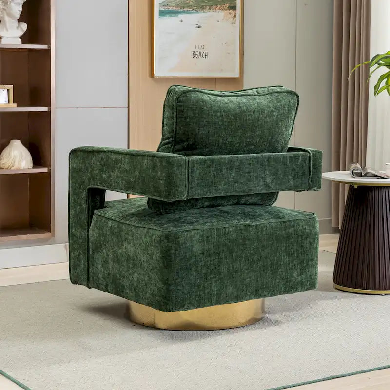 Swivel Open-Back Barrel Accent Chair with Pillow, Single Seat – Navy / Beige / Green / Grey / Mustard / Black