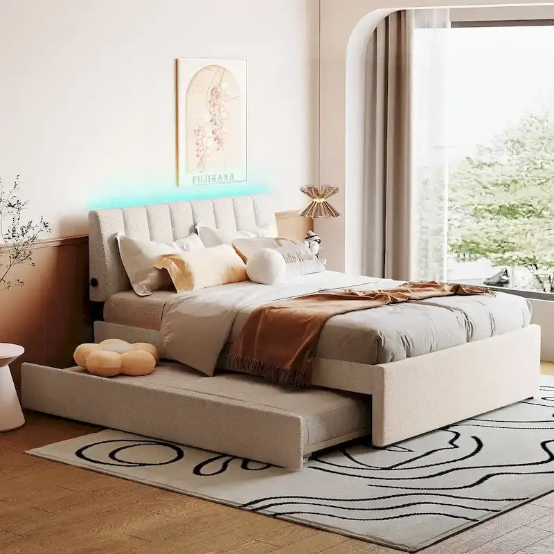 Beige/Grey Upholstered Platform Bed with Trundle & LED, Full/Queen, Sleeps 2