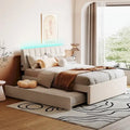 Beige/Grey Upholstered Platform Bed with Trundle & LED, Full/Queen, Sleeps 2