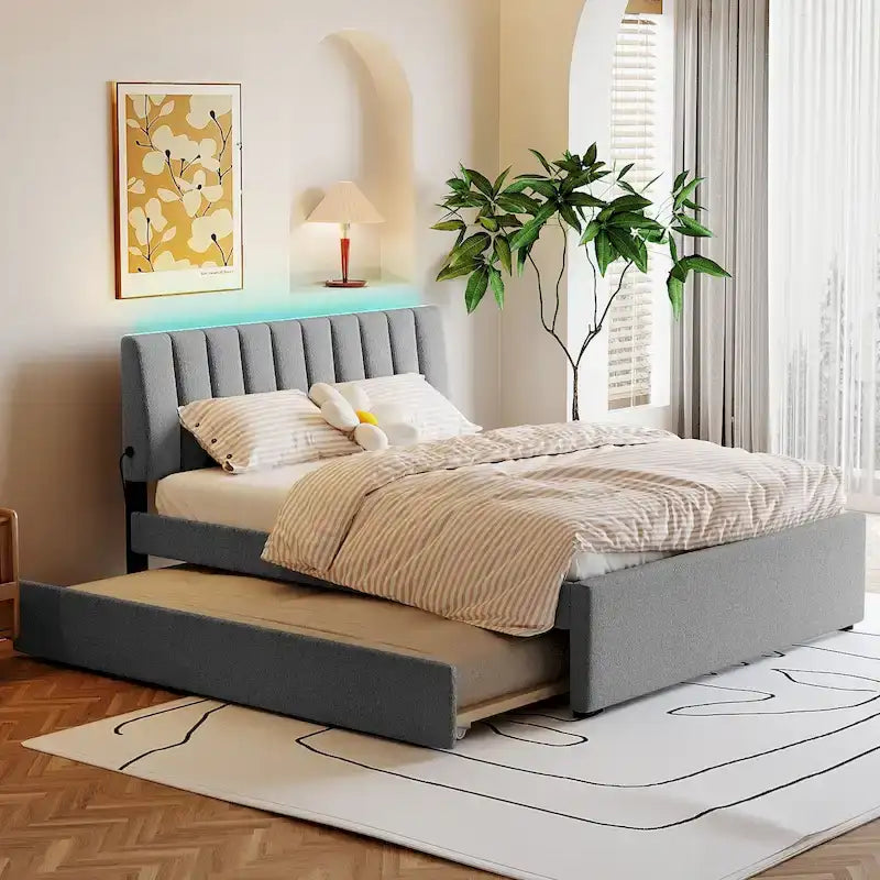 Beige/Grey Upholstered Platform Bed with Trundle & LED, Full/Queen, Sleeps 2