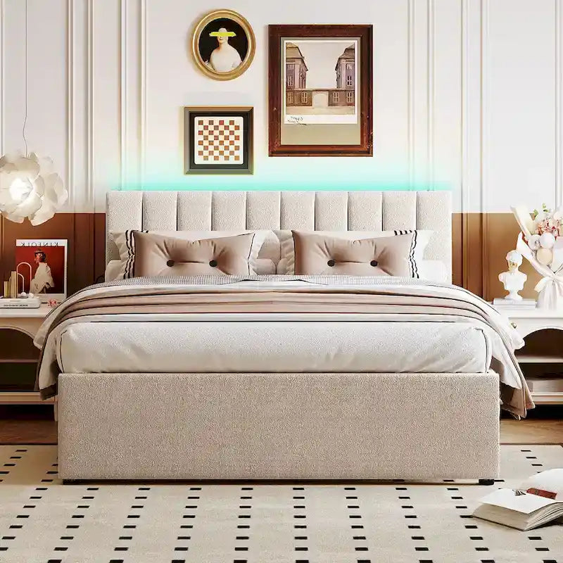 Beige/Grey Upholstered Platform Bed with Trundle & LED, Full/Queen, Sleeps 2