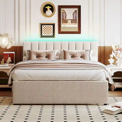 Beige/Grey Upholstered Platform Bed with Trundle & LED, Full/Queen, Sleeps 2