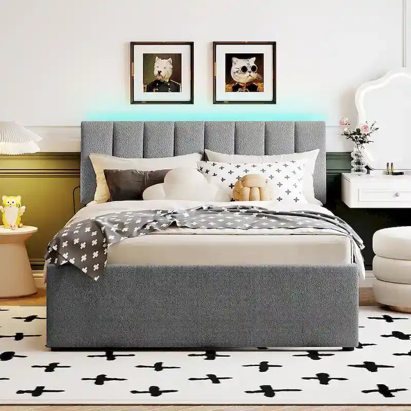Beige/Grey Upholstered Platform Bed with Trundle & LED, Full/Queen, Sleeps 2