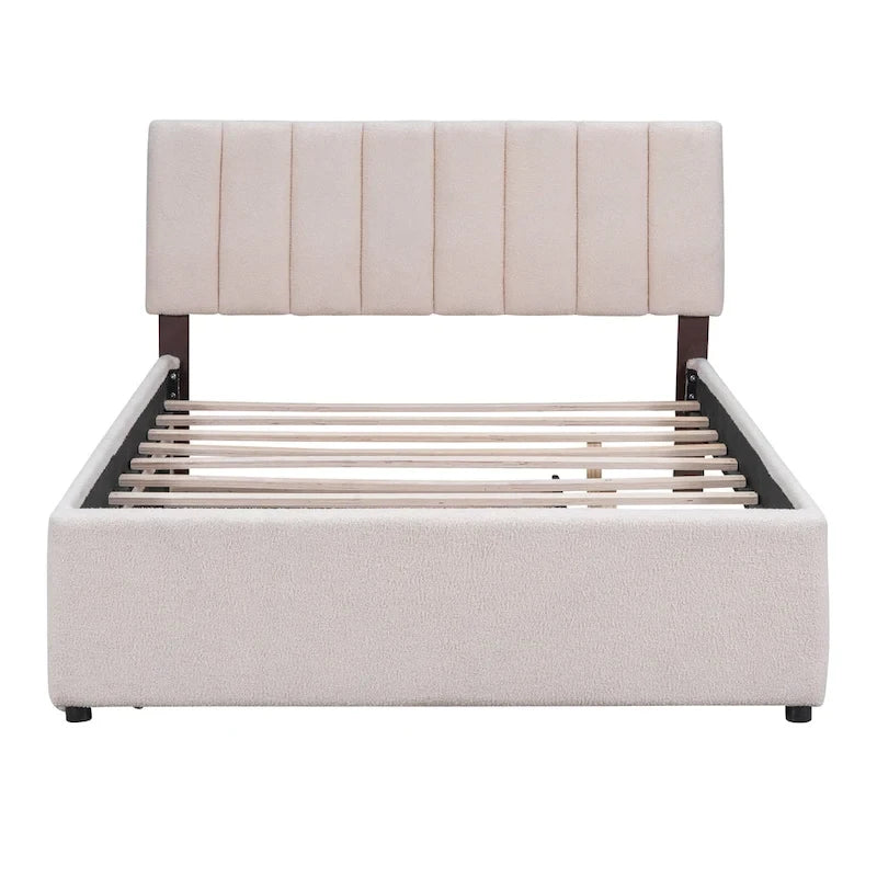 Beige/Grey Upholstered Platform Bed with Trundle & LED, Full/Queen, Sleeps 2