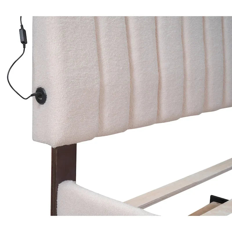 Beige/Grey Upholstered Platform Bed with Trundle & LED, Full/Queen, Sleeps 2