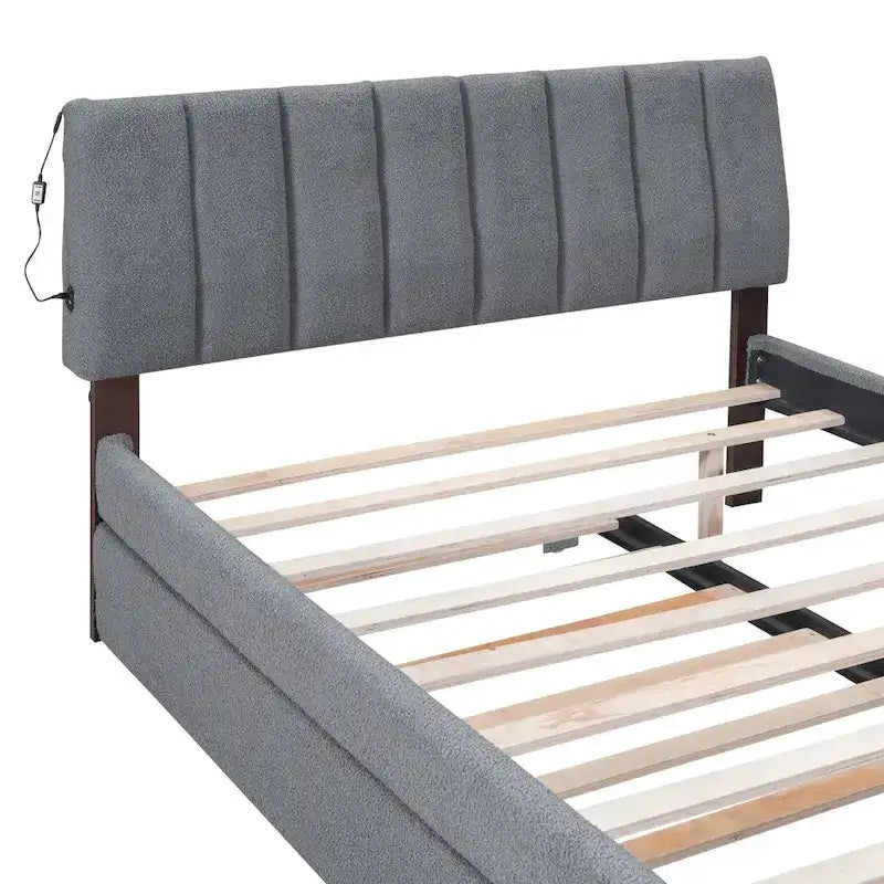 Beige/Grey Upholstered Platform Bed with Trundle & LED, Full/Queen, Sleeps 2