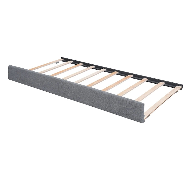 Beige/Grey Upholstered Platform Bed with Trundle & LED, Full/Queen, Sleeps 2