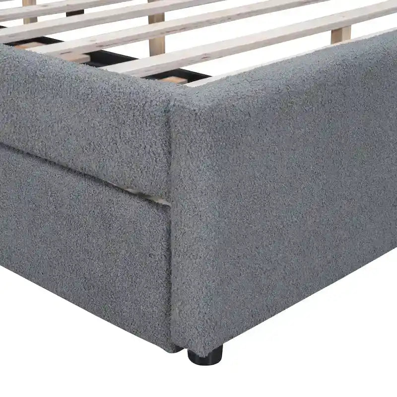 Beige/Grey Upholstered Platform Bed with Trundle & LED, Full/Queen, Sleeps 2