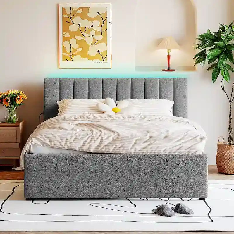 Beige/Grey Upholstered Platform Bed with Trundle & LED, Full/Queen, Sleeps 2