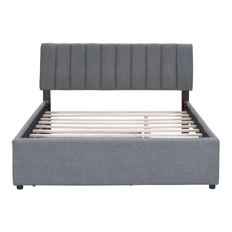 Beige/Grey Upholstered Platform Bed with Trundle & LED, Full/Queen, Sleeps 2