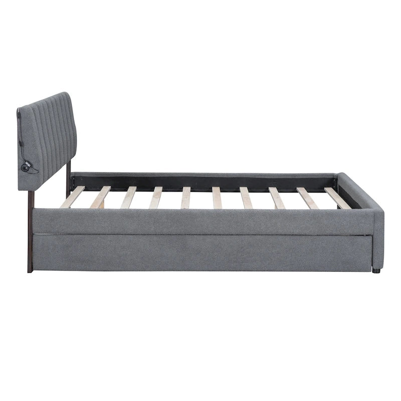 Beige/Grey Upholstered Platform Bed with Trundle & LED, Full/Queen, Sleeps 2