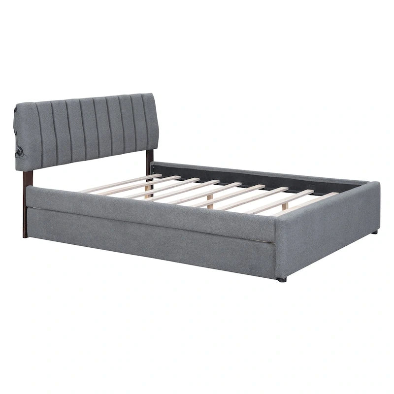 Beige/Grey Upholstered Platform Bed with Trundle & LED, Full/Queen, Sleeps 2