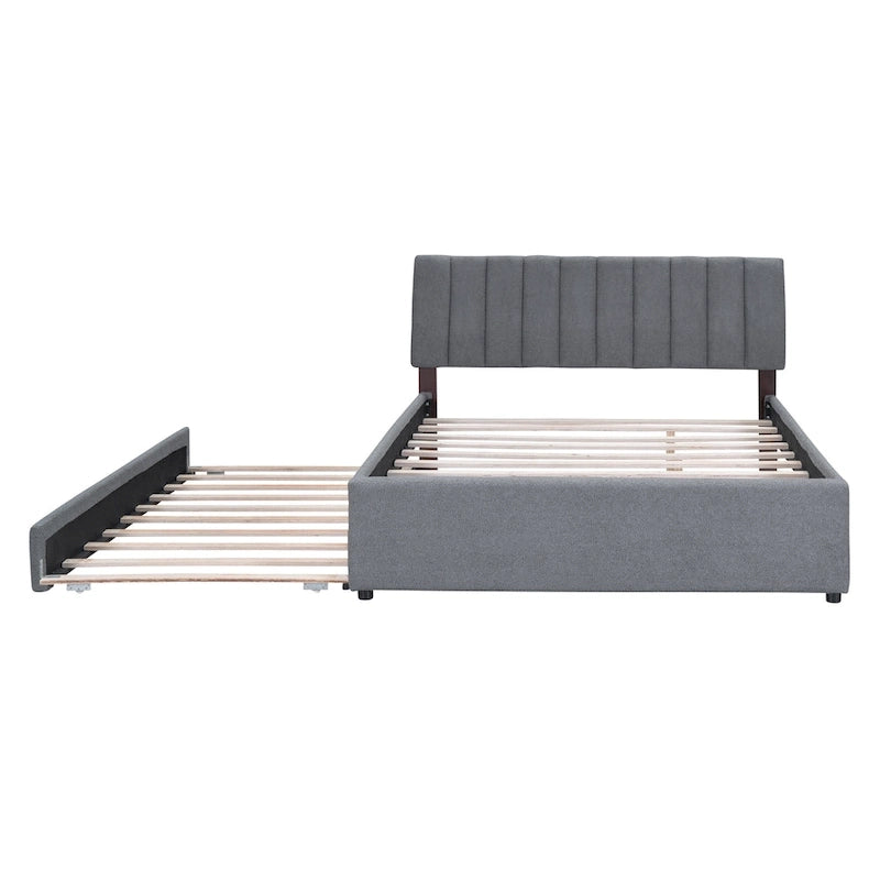 Beige/Grey Upholstered Platform Bed with Trundle & LED, Full/Queen, Sleeps 2