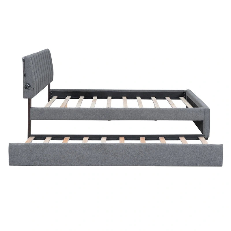 Beige/Grey Upholstered Platform Bed with Trundle & LED, Full/Queen, Sleeps 2
