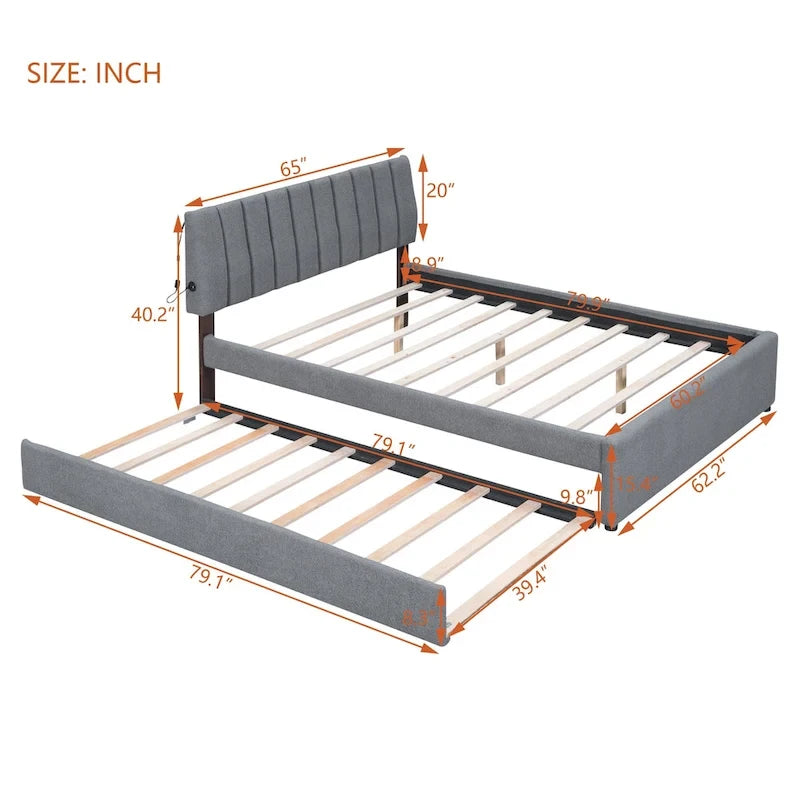 Beige/Grey Upholstered Platform Bed with Trundle & LED, Full/Queen, Sleeps 2