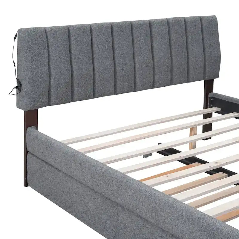 Beige/Grey Upholstered Platform Bed with Trundle & LED, Full/Queen, Sleeps 2