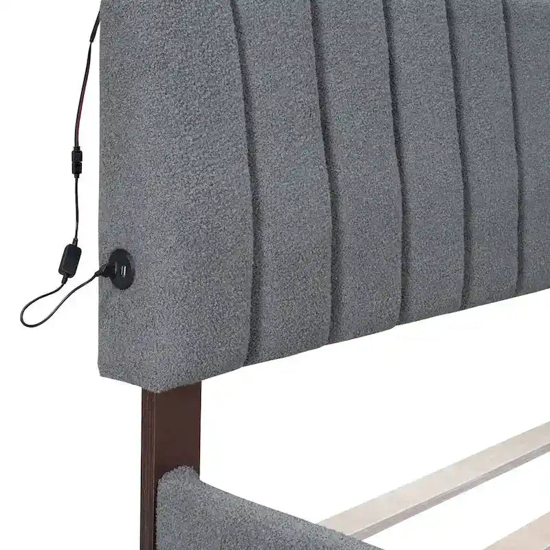 Beige/Grey Upholstered Platform Bed with Trundle & LED, Full/Queen, Sleeps 2