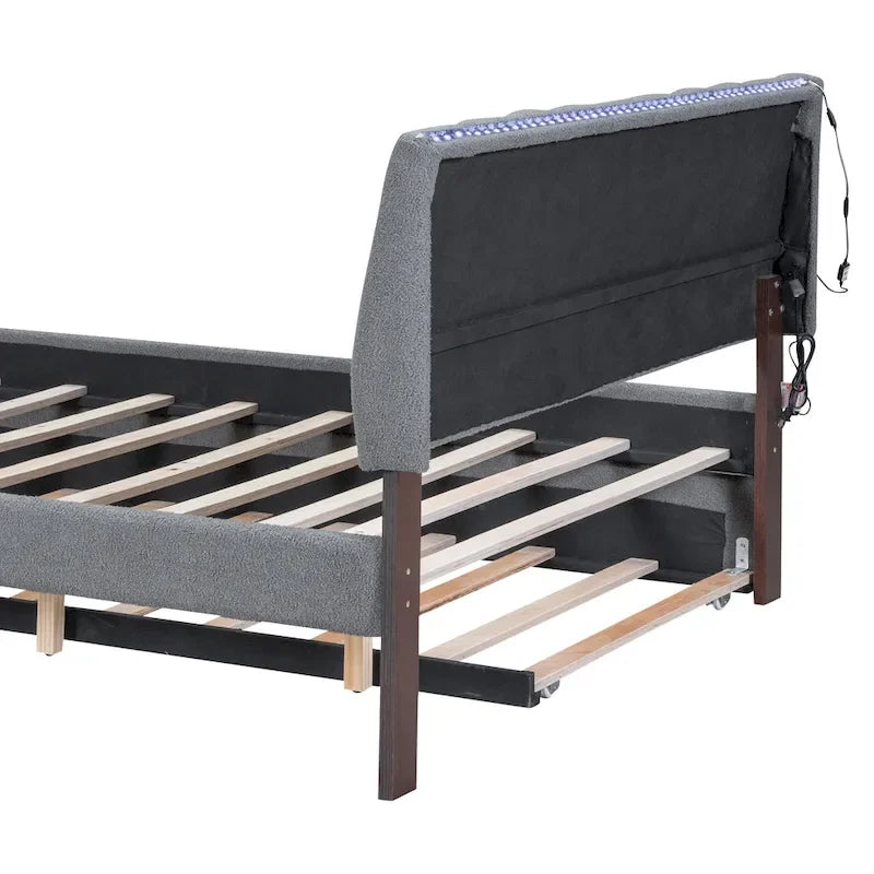 Beige/Grey Upholstered Platform Bed with Trundle & LED, Full/Queen, Sleeps 2